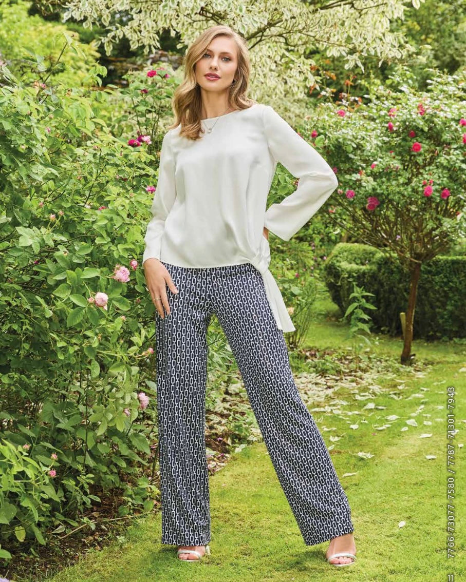 Navy & White Chain Print Trousers - Tia
