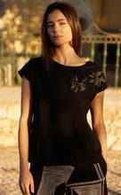 Load image into Gallery viewer, Black T-shirt Flower Detail S26180 - Perruzi
