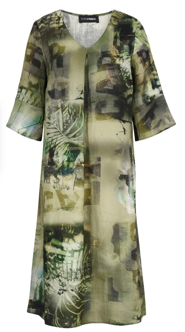 Khaki Linen Print Dress - Doris Streich
